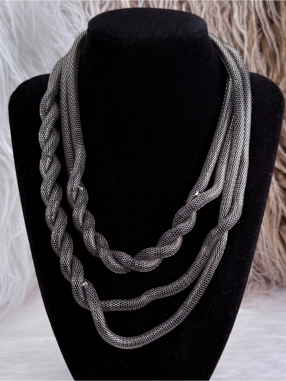 Vintage Gunmetal Mesh Multi Strand Twist Statement Necklace